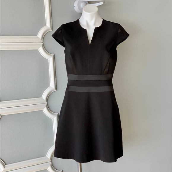 Network Black Fit and Flare Cap Sleeve Satin Trim Dress Size Medium - Picture 1 of 10